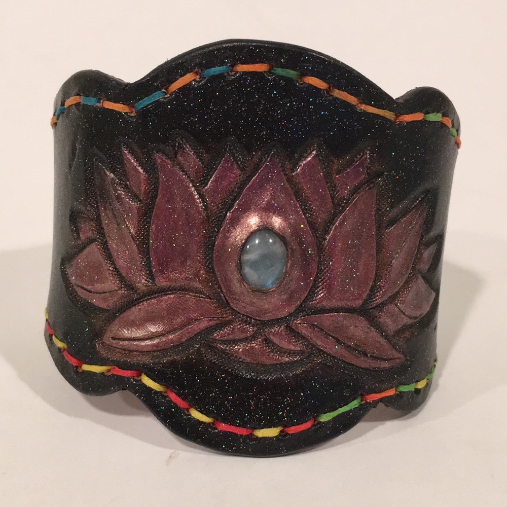 Boho Tooled Leather Cuff Bracelet Lotus Moonstone